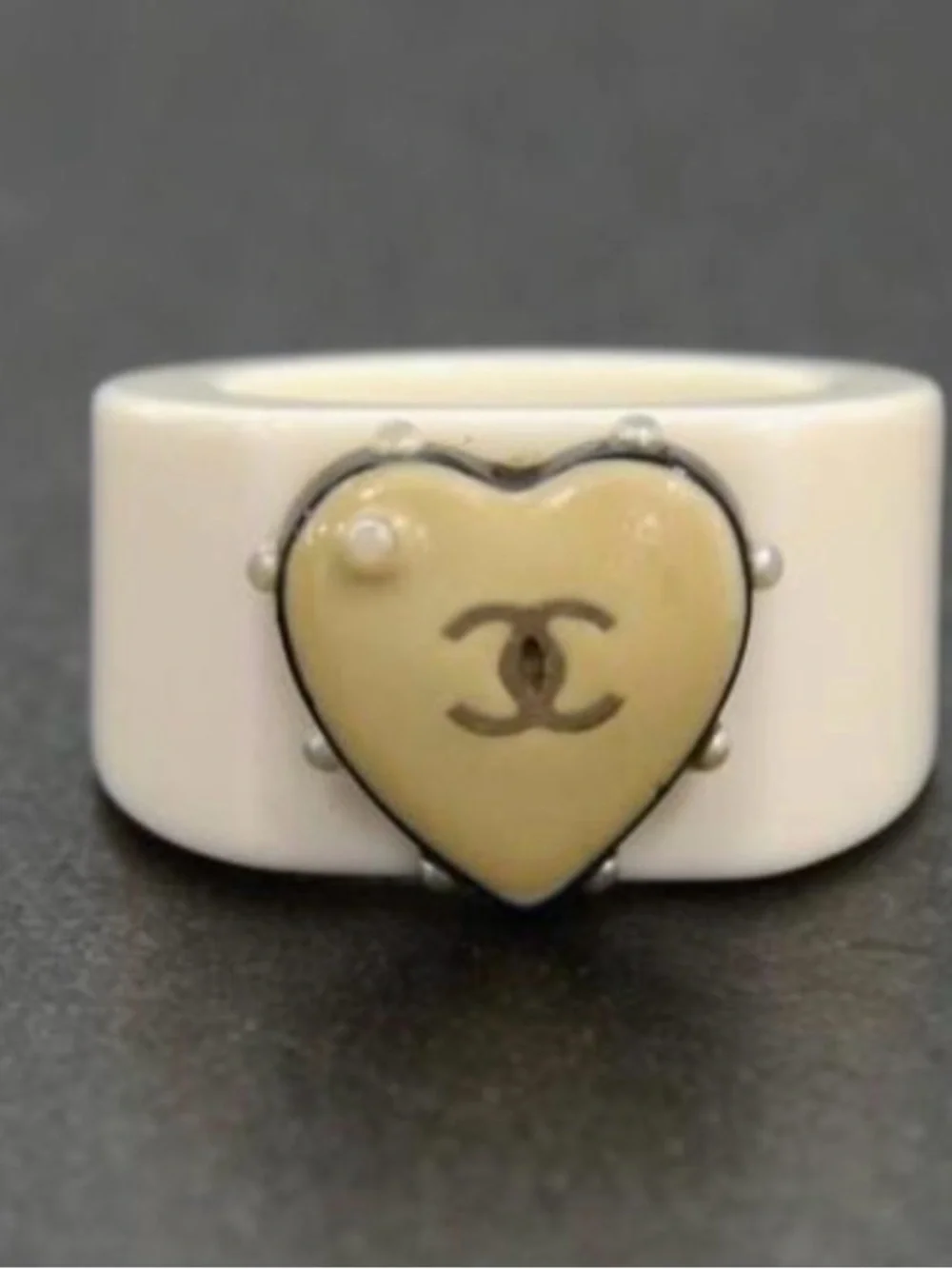 CHANEL Vintage Black Resin Ring with Ivory Heart Camellia Accent